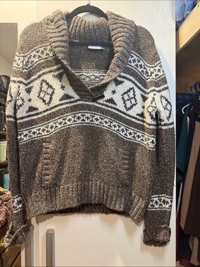 Denver Hayes Brown & White Fair Isle Shawl-Collar Sweater